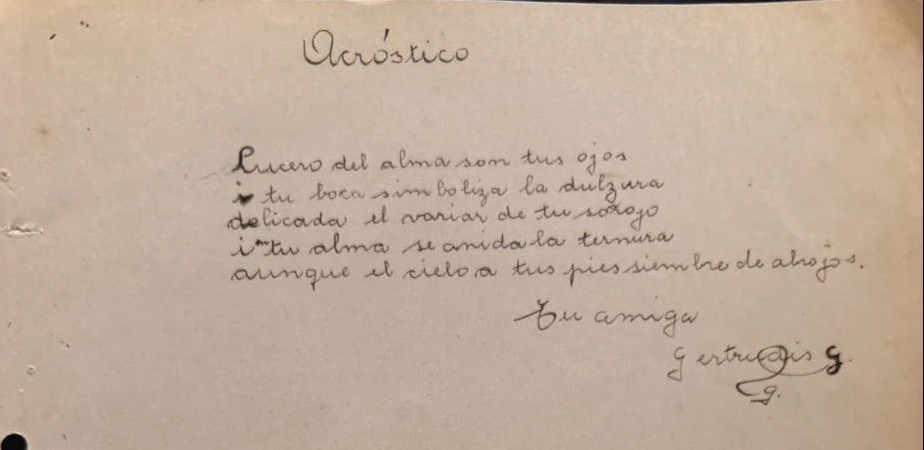 A handwritten page titled Acróstico: five lines of verse, signed by a friend