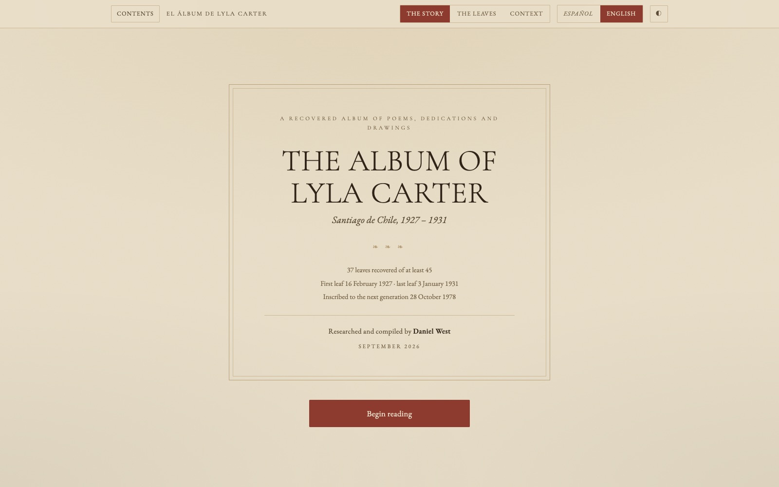 The cover of the finished book: The Album of Lyla Carter, Santiago de Chile, 1927 to 1931. 37 leaves recovered of at least 45. Researched and compiled by Daniel West, September 2026.