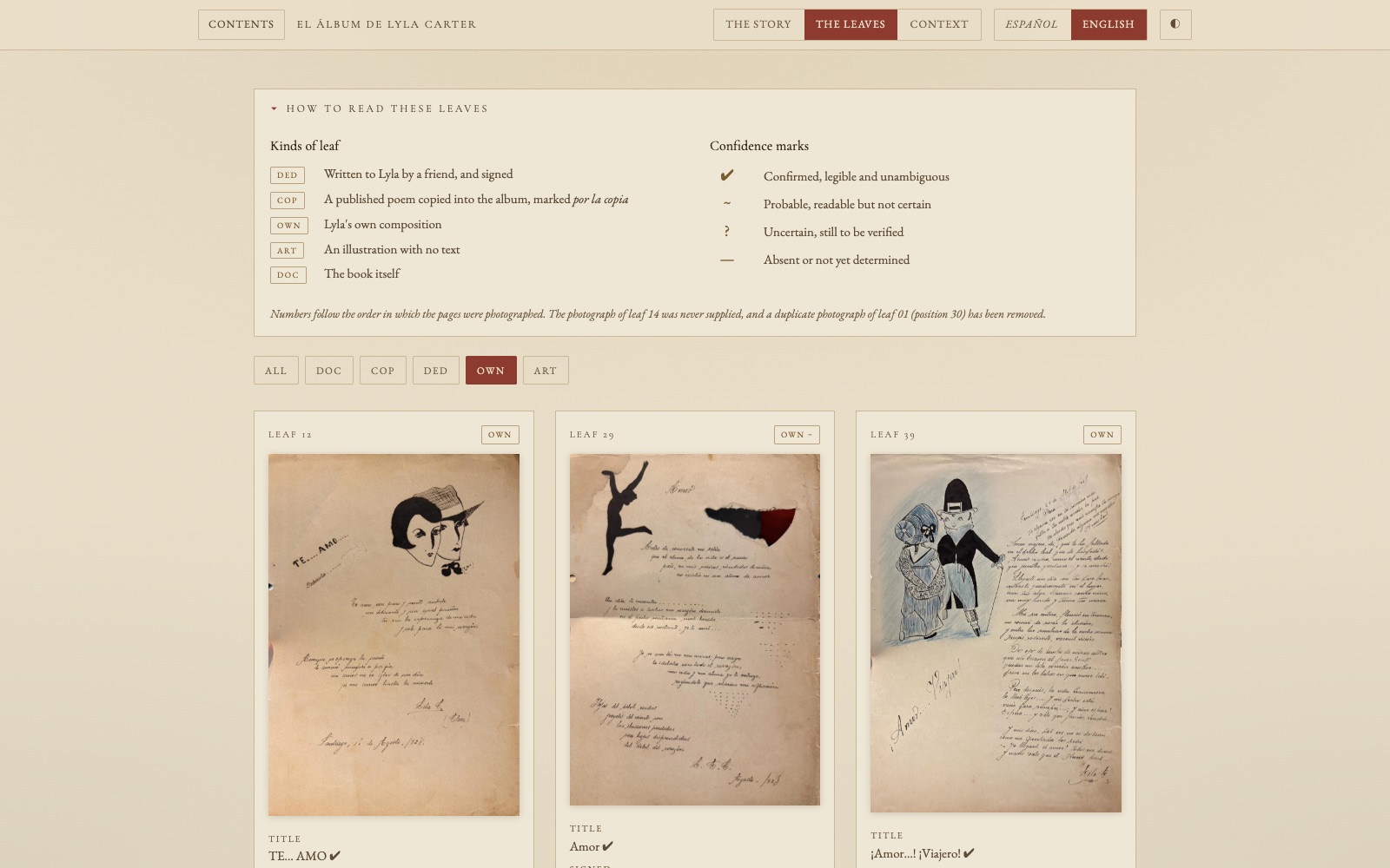 The Leaves index filtered to her own poems: a key to the kinds of leaf and the confidence marks, and three handwritten, illustrated poems