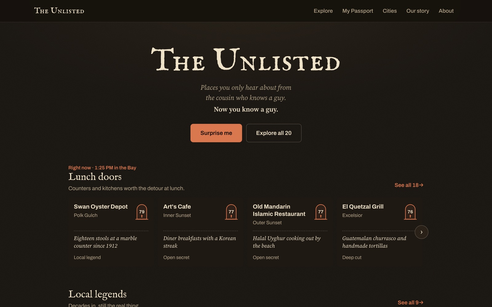 The Unlisted on the web: a sepia, passport-style front page with rows of hole-in-the-wall places