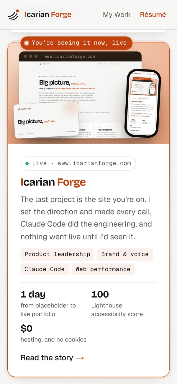 This site on a phone, showing the Icarian Forge project tile, which shows this site on a phone